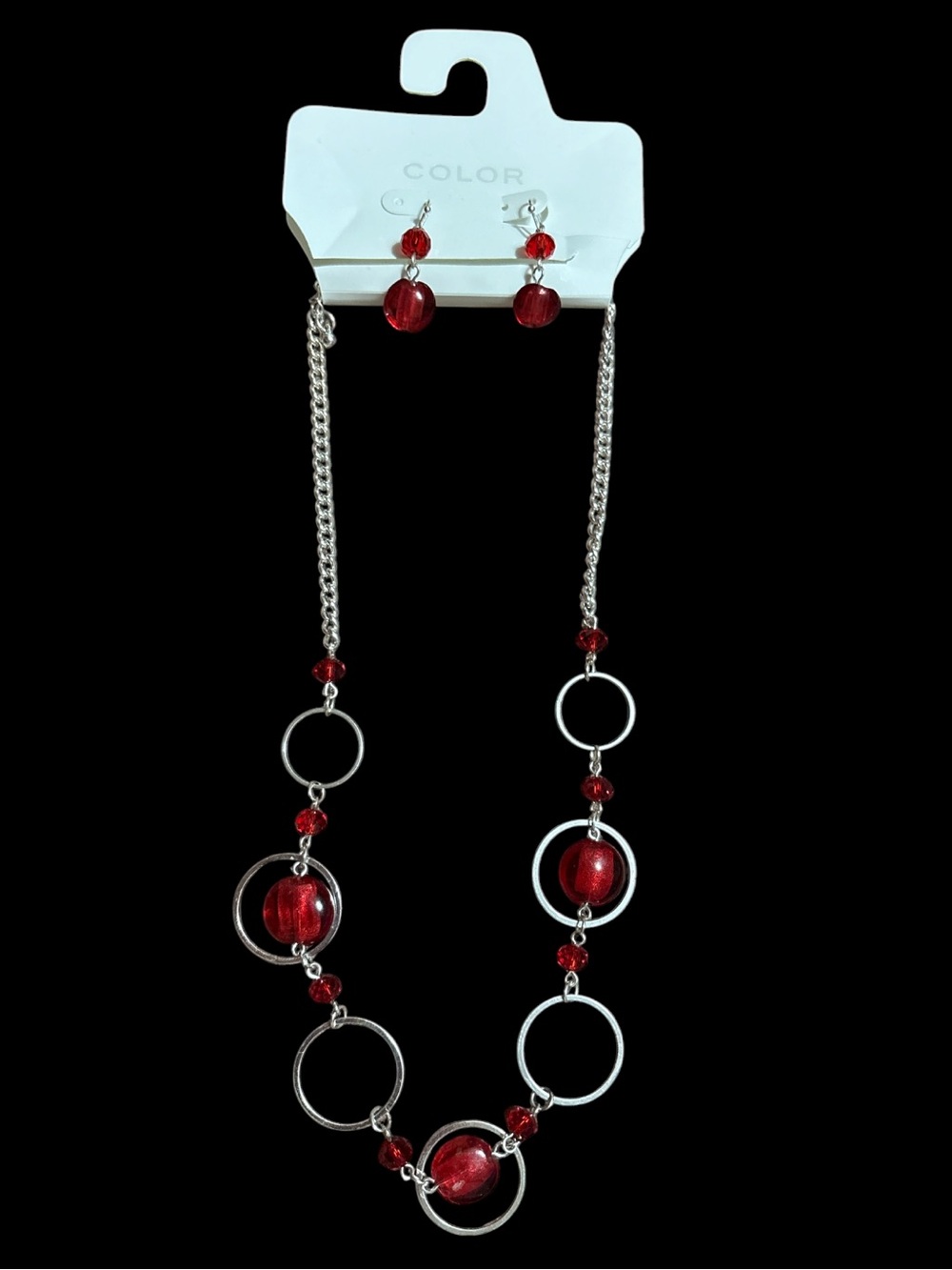 Red Bead & Glass Silver Hoop Necklace & Earring Set